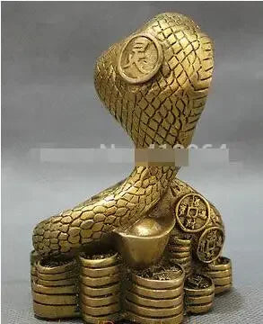 Chinese Pure Brass Year Zodiac Ball Snake On Wealth YuanBao Coin Statue Animals
