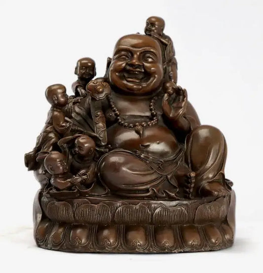 Chinese Pure Bronze Buddhism 5 Kid Child Happy Laughing Maitreya Buddha Statue