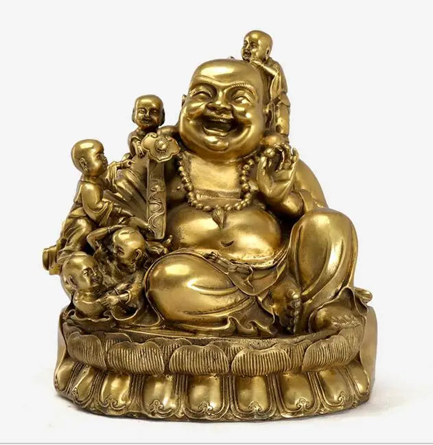 Chinese Pure Bronze Buddhism 5 Kid Child Happy Laughing Maitreya Buddha Statue