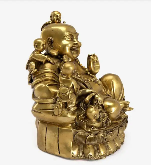 Chinese Pure Bronze Buddhism 5 Kid Child Happy Laughing Maitreya Buddha Statue