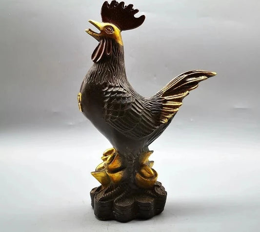 Chinese Pure Bronze Copper Gilding Zodiac Cock rooster FengShui Attract Wealth Statue