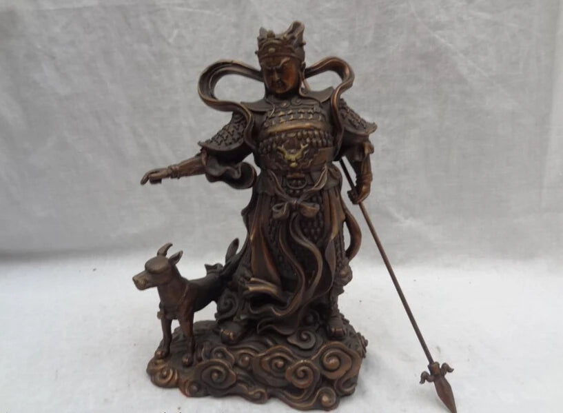 Chinese Pure Bronze Dragon Head Sky Warrior God Erlang The Deified Dog Statue 20cm
