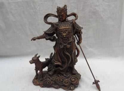 Chinese Pure Bronze Dragon Head Sky Warrior God Erlang The Deified Dog Statue 20cm
