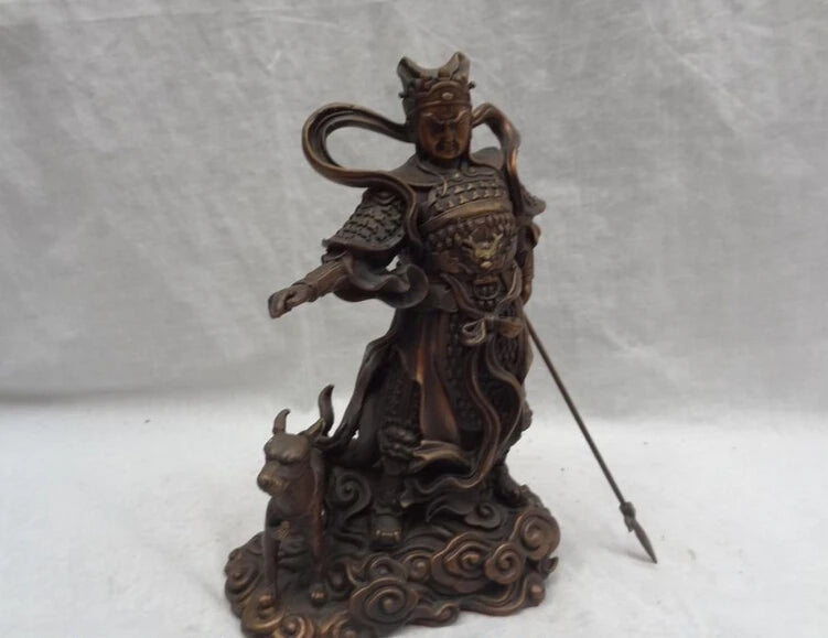 Chinese Pure Bronze Dragon Head Sky Warrior God Erlang The Deified Dog Statue 20cm