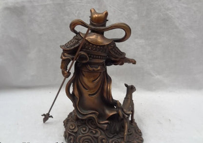 Chinese Pure Bronze Dragon Head Sky Warrior God Erlang The Deified Dog Statue 20cm