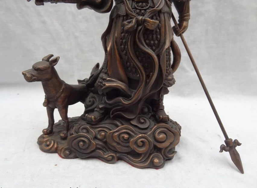 Chinese Pure Bronze Dragon Head Sky Warrior God Erlang The Deified Dog Statue 20cm