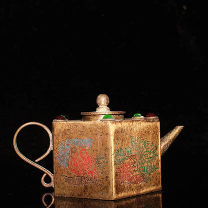Chinese Pure Bronze Inlay Gems Dynasty Folk Wine Tea Pot Statue