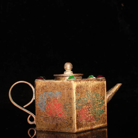 Chinese Pure Bronze Inlay Gems Dynasty Folk Wine Tea Pot Statue