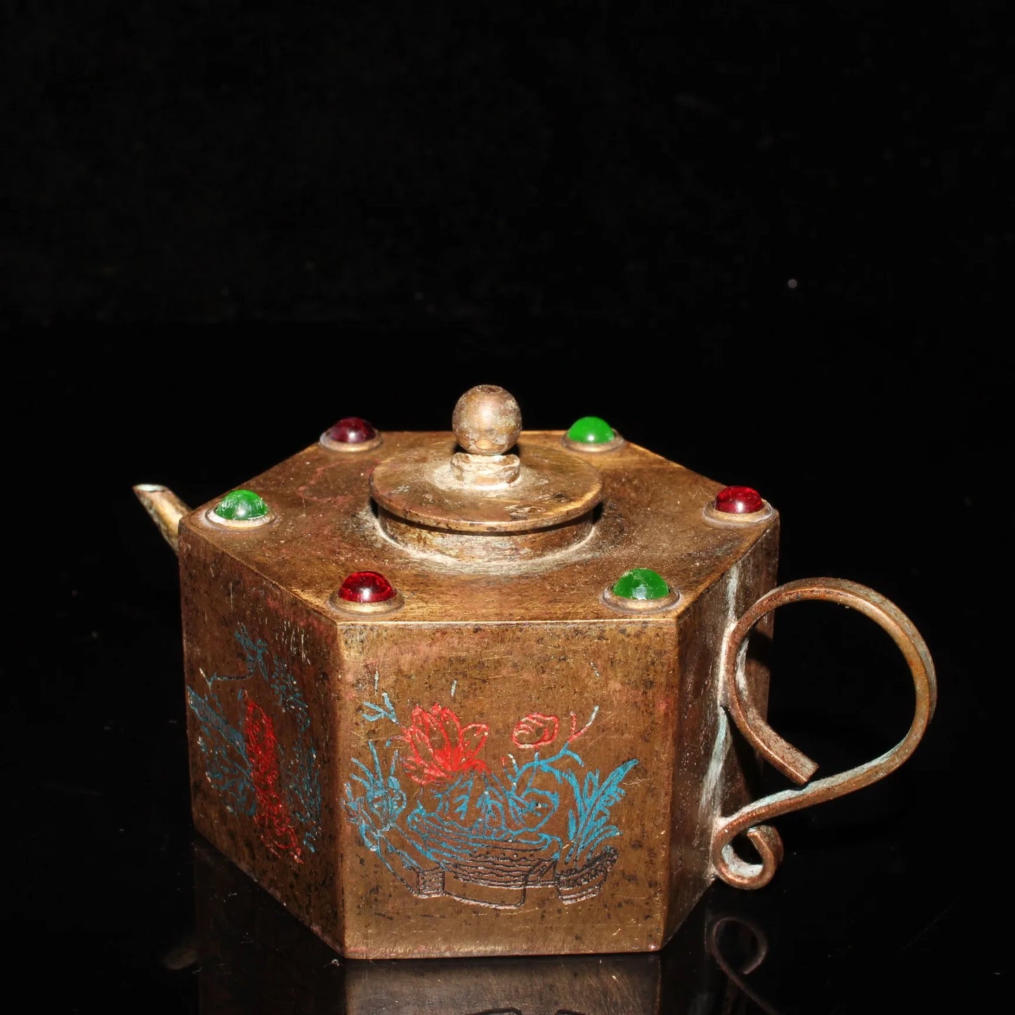 Chinese Pure Bronze Inlay Gems Dynasty Folk Wine Tea Pot Statue
