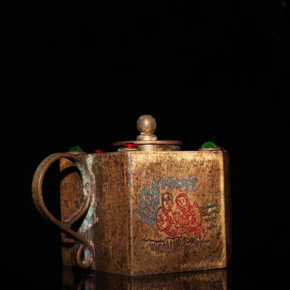 Chinese Pure Bronze Inlay Gems Dynasty Folk Wine Tea Pot Statue