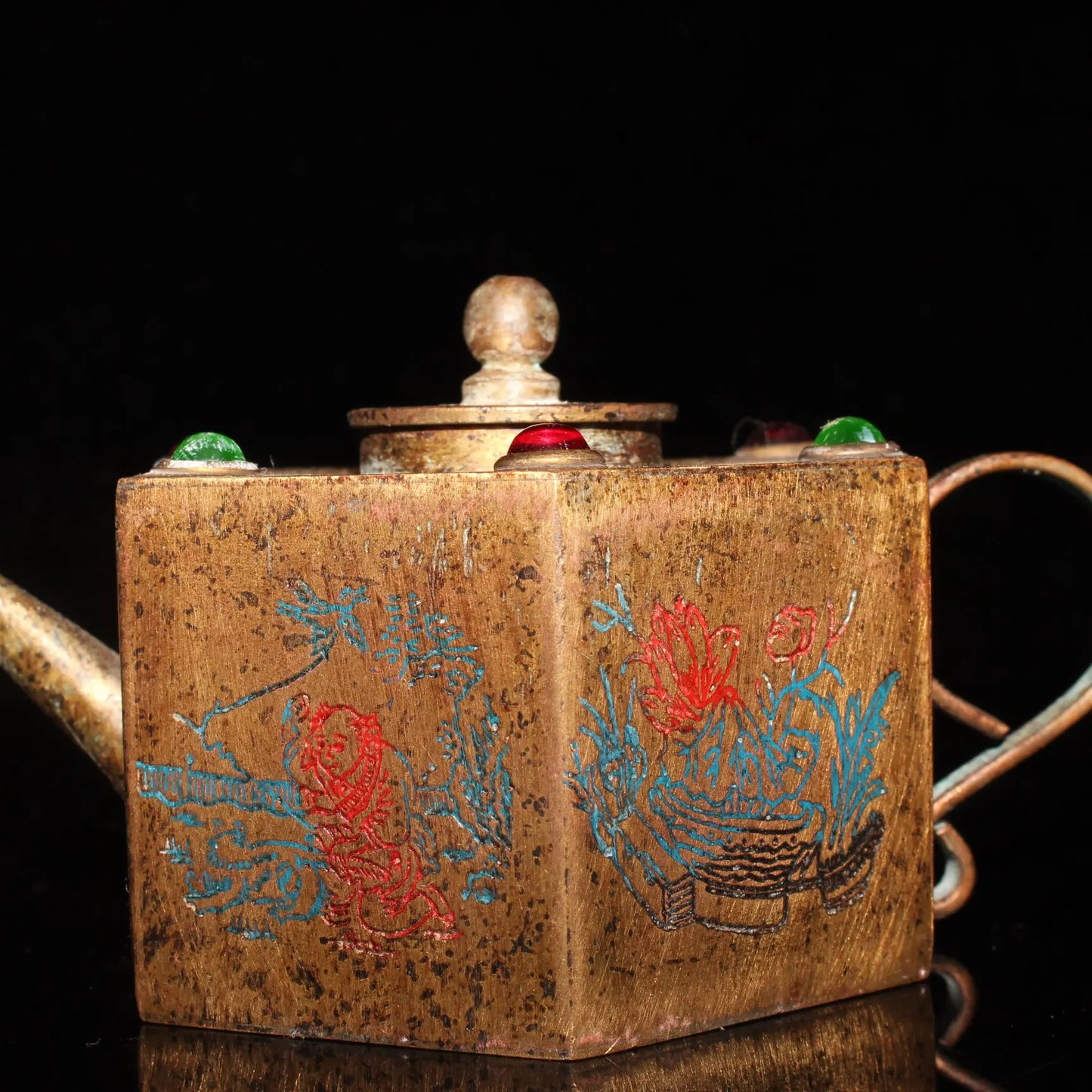 Chinese Pure Bronze Inlay Gems Dynasty Folk Wine Tea Pot Statue