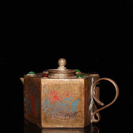 Chinese Pure Bronze Inlay Gems Dynasty Folk Wine Tea Pot Statue
