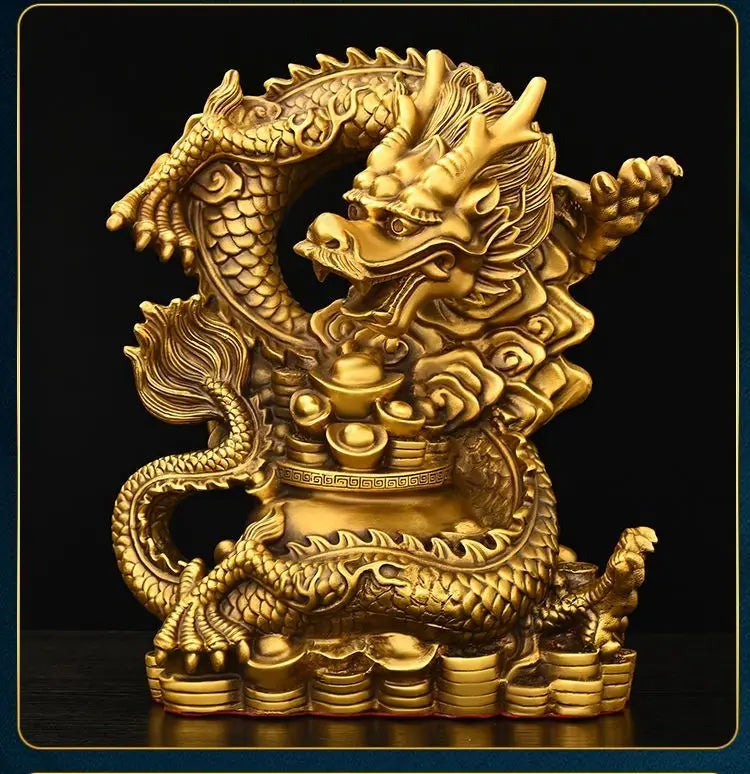 Chinese Pure Copper Dragon Ornaments Treasure Bowl Dragon Zodiac Home Desktop Statues Decorations