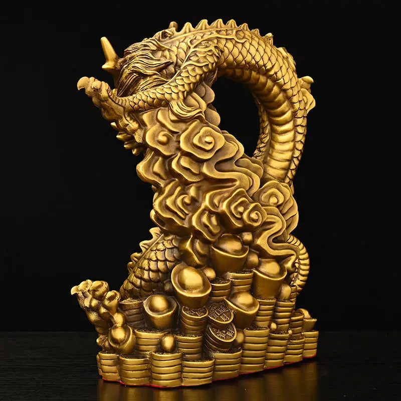 Chinese Pure Copper Dragon Ornaments Treasure Bowl Dragon Zodiac Home Desktop Statues Decorations