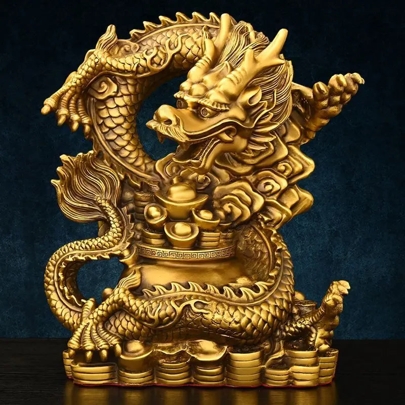 Chinese Pure Copper Dragon Ornaments Treasure Bowl Dragon Zodiac Home Desktop Statues Decorations