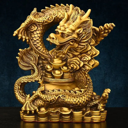 Chinese Pure Copper Dragon Ornaments Treasure Bowl Dragon Zodiac Home Desktop Statues Decorations