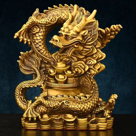 Chinese Pure Copper Dragon Ornaments Treasure Bowl Dragon Zodiac Home Desktop Statues Decorations