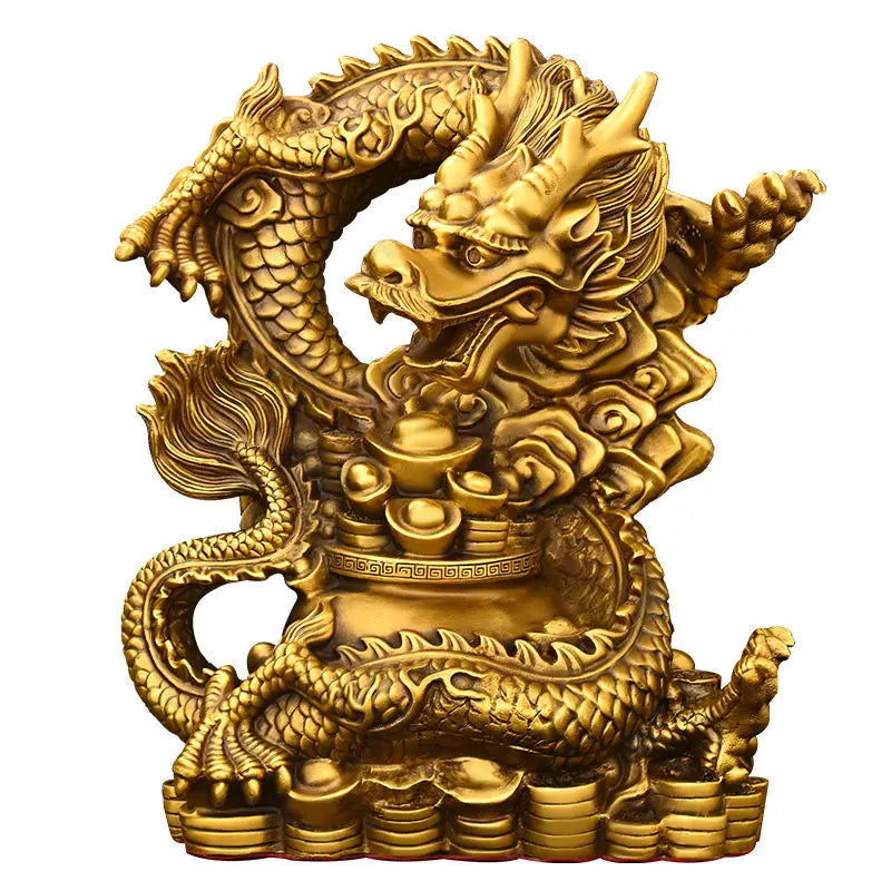 Chinese Pure Copper Dragon Ornaments Treasure Bowl Dragon Zodiac Home Desktop Statues Decorations
