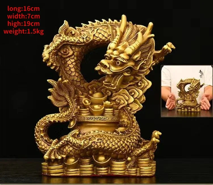 Chinese Pure Copper Fengshui Animal Dragon Ornaments Treasure Bowl Dragon Zodiac Home Desktop Statues Decorations