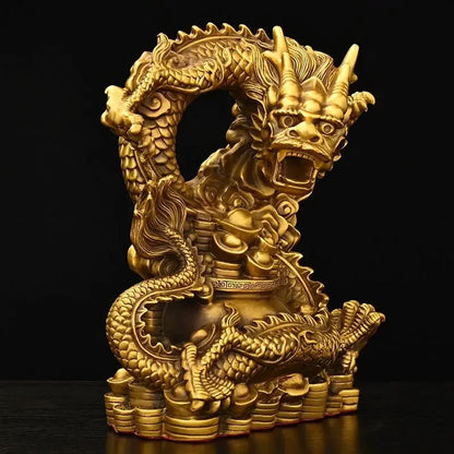 Chinese Pure Copper Fengshui Animal Dragon Ornaments Treasure Bowl Dragon Zodiac Home Desktop Statues Decorations