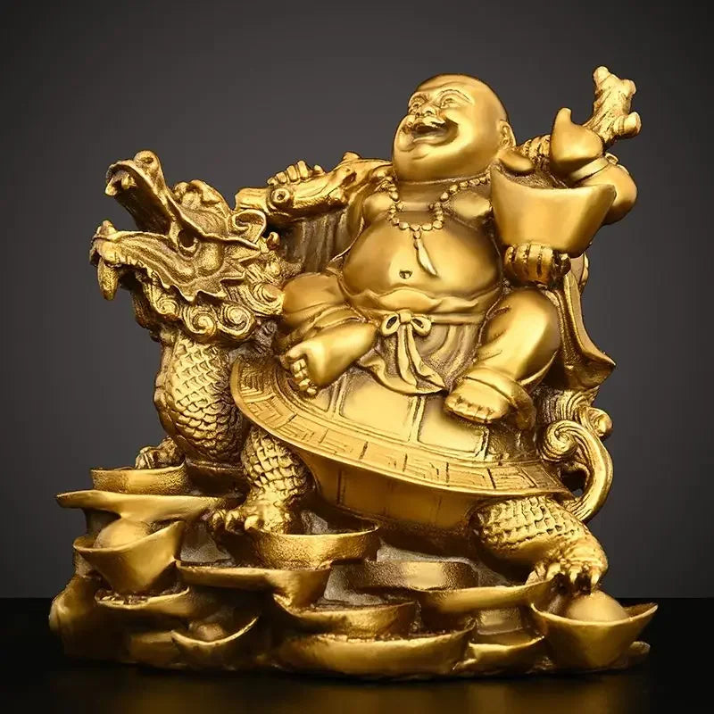 Chinese Pure Copper Maitreya Buddha Ornament Sitting Dragon Turtle Laughing Home Store Office Car Desktop Decor