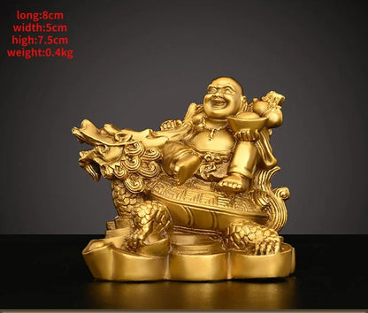 Chinese Pure Copper Maitreya Buddha Ornament Sitting Dragon Turtle Laughing Home Store Office Car Desktop Decor