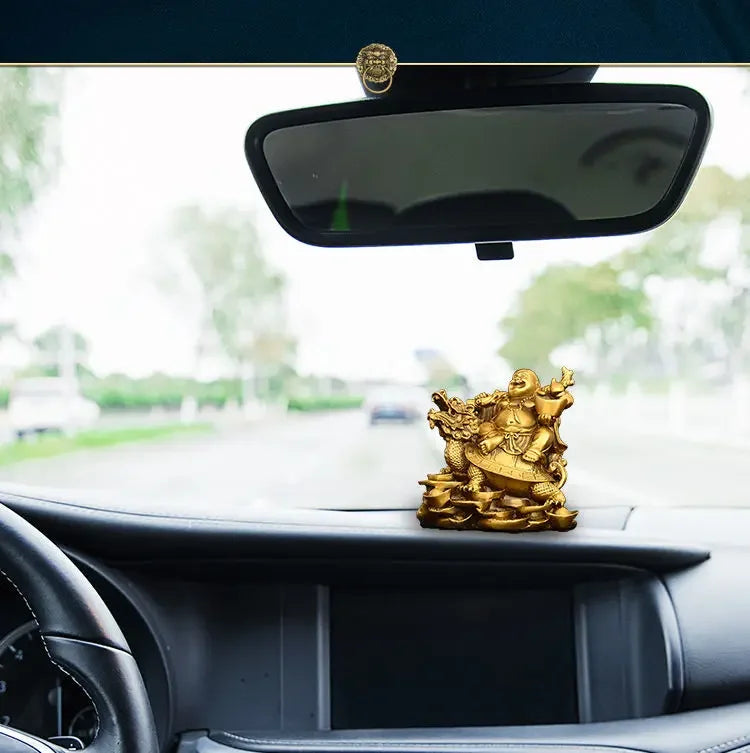 Chinese Pure Copper Maitreya Buddha Ornament Sitting Dragon Turtle Laughing Home Store Office Car Desktop Decor