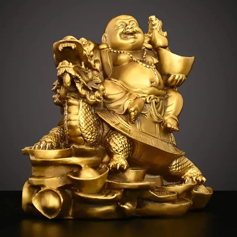 Chinese Pure Copper Maitreya Buddha Ornament Sitting Dragon Turtle Laughing Home Store Office Car Desktop Decor