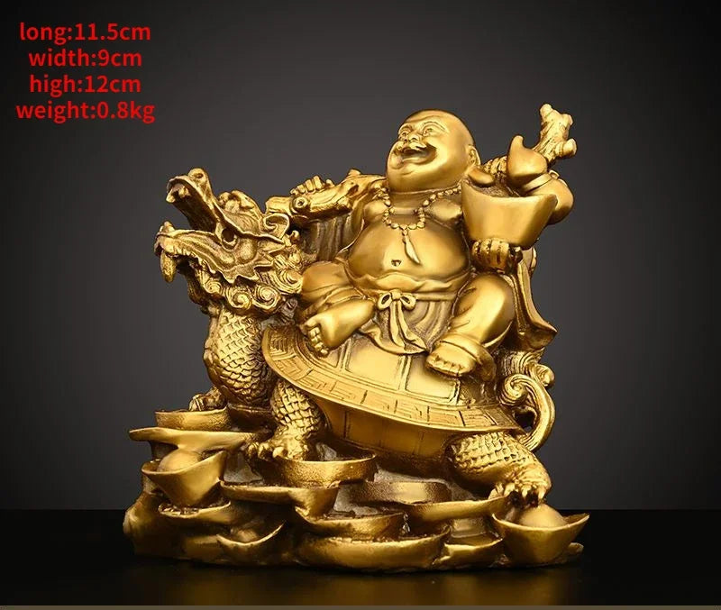 Chinese Pure Copper Maitreya Buddha Ornament Sitting Dragon Turtle Laughing Home Store Office Car Desktop Decor