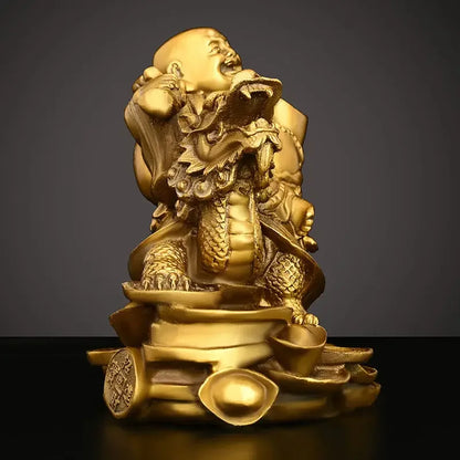 Chinese Pure Copper Maitreya Buddha Ornament Sitting Dragon Turtle Laughing Home Store Office Car Desktop Decor