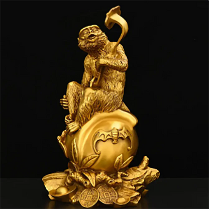 Chinese Pure Copper Ruyi Gold Monkey Ornaments Zodiac Blessing Life Home Living Room Attract Wealth Fengshui Decor