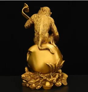 Chinese Pure Copper Ruyi Gold Monkey Ornaments Zodiac Blessing Life Home Living Room Attract Wealth Fengshui Decor
