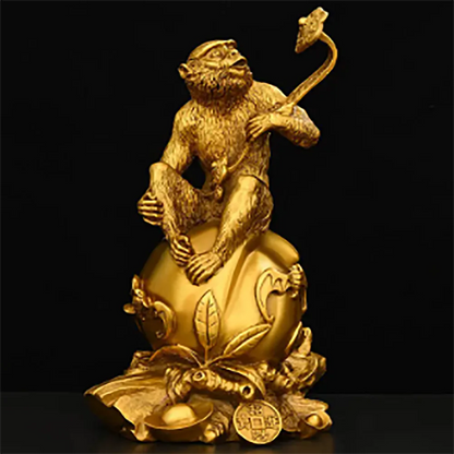 Chinese Pure Copper Ruyi Gold Monkey Ornaments Zodiac Blessing Life Home Living Room Attract Wealth Fengshui Decor