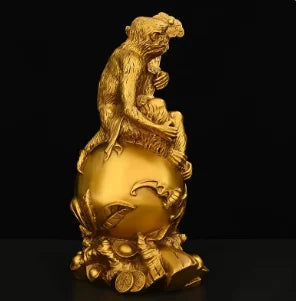 Chinese Pure Copper Ruyi Gold Monkey Ornaments Zodiac Blessing Life Home Living Room Attract Wealth Fengshui Decor
