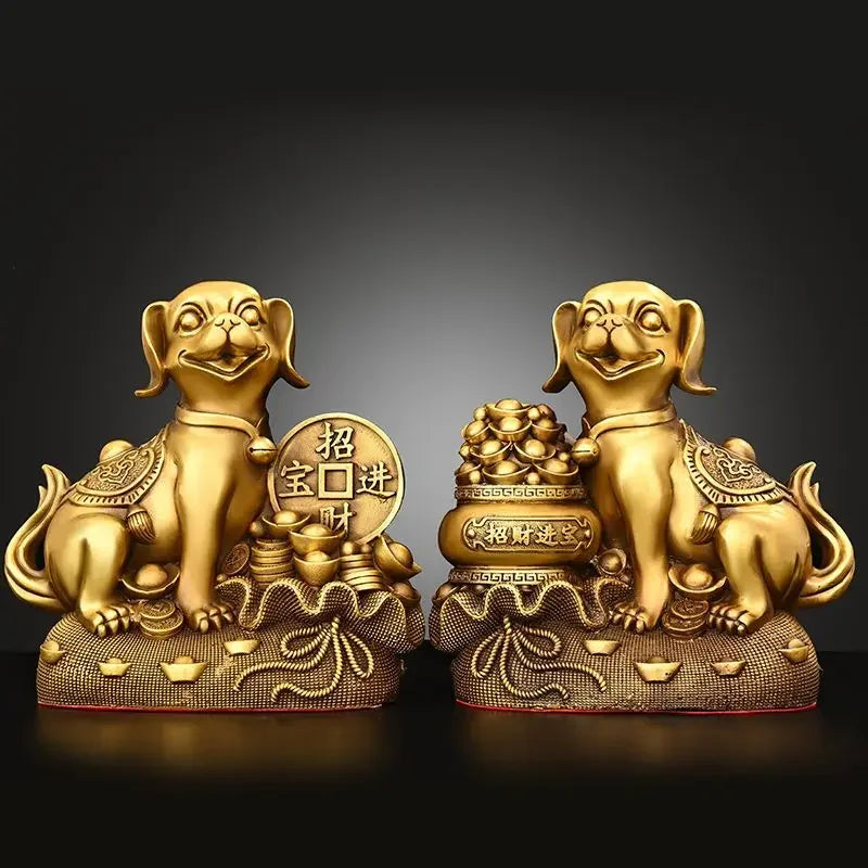 Chinese Pure Copper  Solid Animal Brass Dog Ornaments Treasure Basin Money Dog  Home Decor Miniatures Accessories