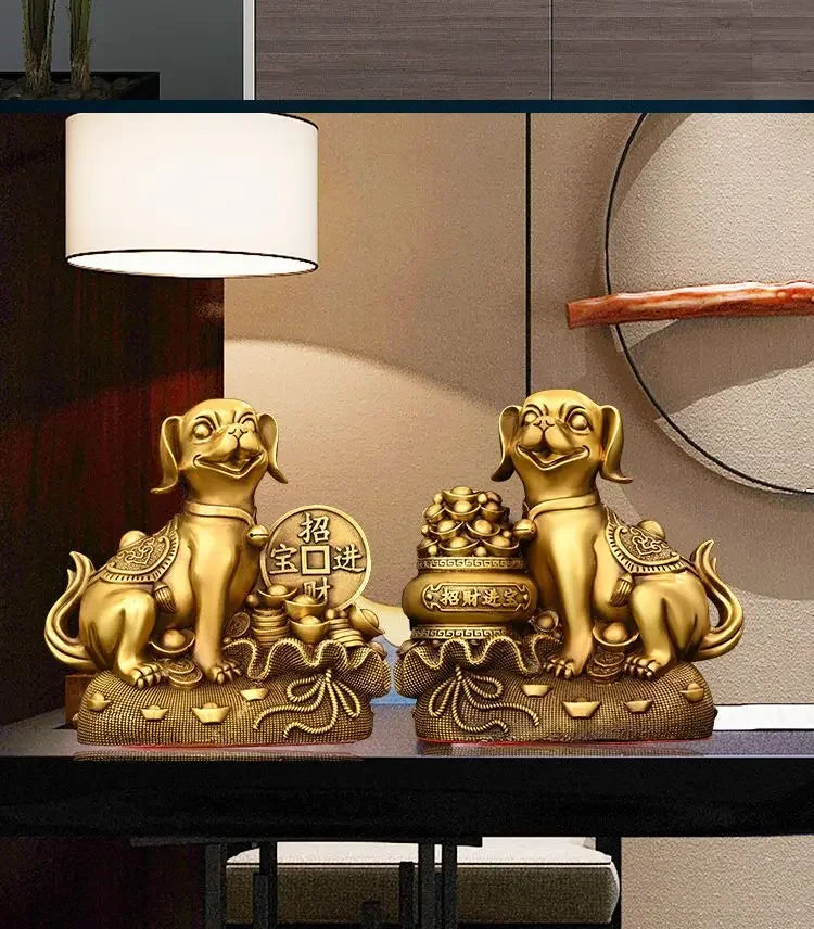 Chinese Pure Copper  Solid Animal Brass Dog Ornaments Treasure Basin Money Dog  Home Decor Miniatures Accessories