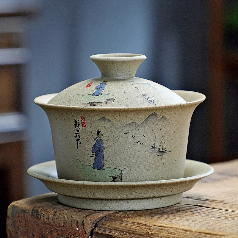 Chinese Purple Clay Gaiwan Handmade Pottery San Cai Gaiwan Kung Fu Teaware Tea Bowls Creative Tea Tureen Tea Cups Set
