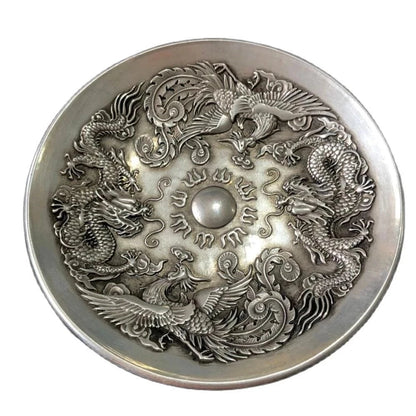 Chinese Rare Collectibles Old Handwork Tibet - Silver Dragon and Phoenix statue bowl home decor metal handicraft