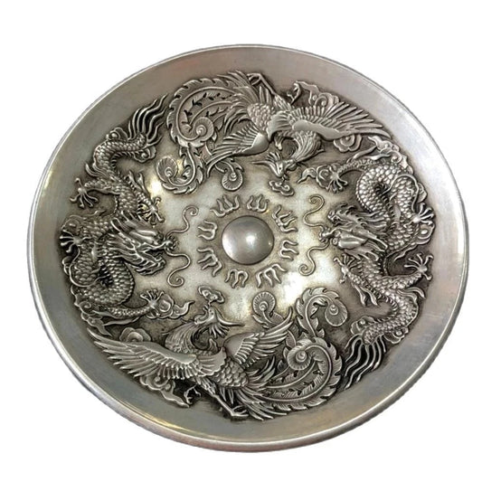 Chinese Rare Collectibles Old Handwork Tibet - Silver Dragon and Phoenix statue bowl home decor metal handicraft
