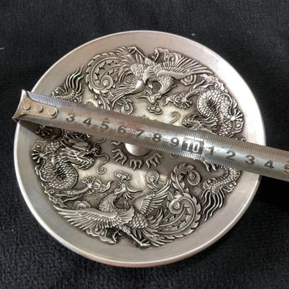 Chinese Rare Collectibles Old Handwork Tibet - Silver Dragon and Phoenix statue bowl home decor metal handicraft