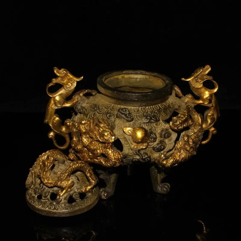 Chinese Rare Old Copper Handmade Gilded Dragon Incense Burner Xuande Year