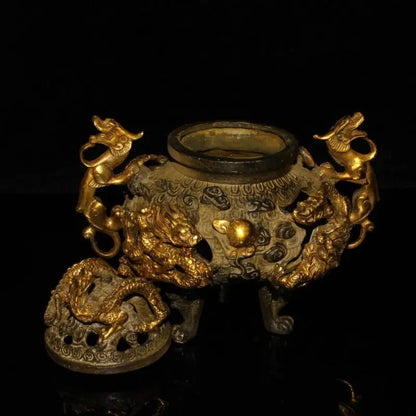 Chinese Rare Old Copper Handmade Gilded Dragon Incense Burner Xuande Year