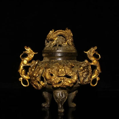 Chinese Rare Old Copper Handmade Gilded Dragon Incense Burner Xuande Year