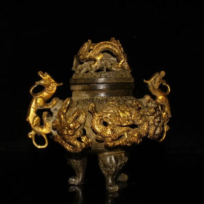 Chinese Rare Old Copper Handmade Gilded Dragon Incense Burner Xuande Year