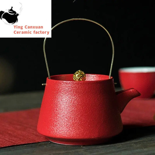 Chinese Red Ceramics Teapots Handmade Exquisite Kettle Tea Set Household Filter Tea Pot Tie Guanyin Puer Wedding Gifts 200ml