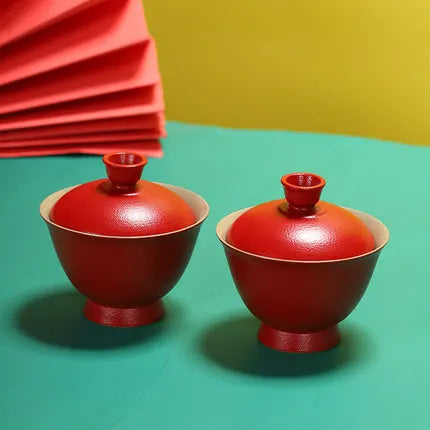Chinese Red Wedding Gaiwan Tea Cups and Saucer Sets Kung Fu Puer Ceramic Teaware Ceremony Luxury Souvenir Gifts