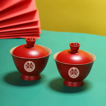 Chinese Red Wedding Gaiwan Tea Cups and Saucer Sets Kung Fu Puer Ceramic Teaware Ceremony Luxury Souvenir Gifts