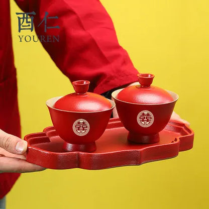 Chinese Red Wedding Gaiwan Tea Cups and Saucer Sets Kung Fu Puer Ceramic Teaware Ceremony Luxury Souvenir Gifts