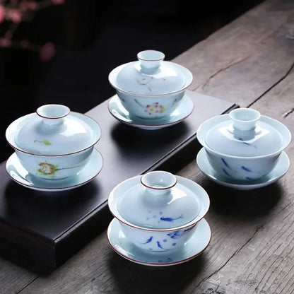 Chinese Retro Ceramic Gaiwan Teacup Hand Painted Lotus Flower Pattern Tea Bowl Porcelain Teaware Accessories Drinkware 130ml