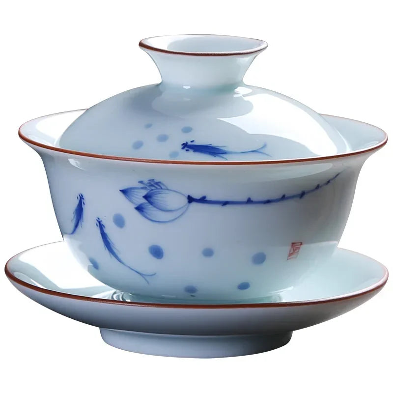Chinese Retro Ceramic Gaiwan Teacup Hand Painted Lotus Flower Pattern Tea Bowl Porcelain Teaware Accessories Drinkware 130ml